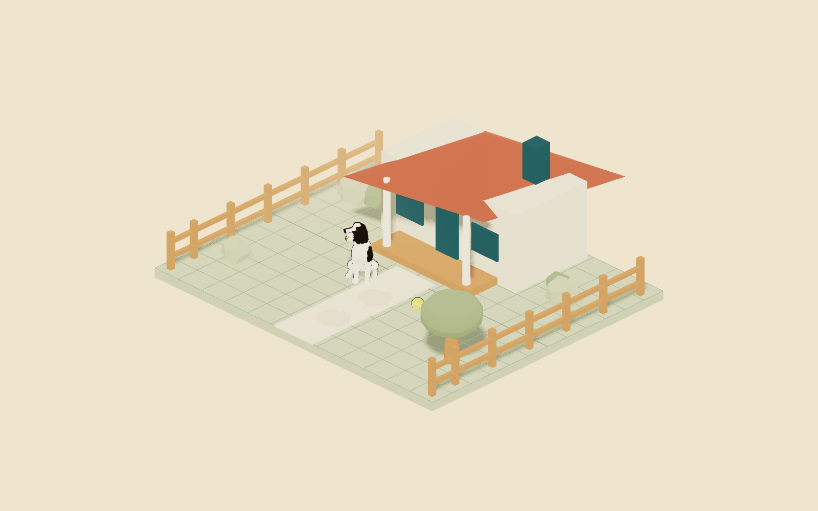 The chunky low-poly Clubhouse yard with Patrick beside his bungalow